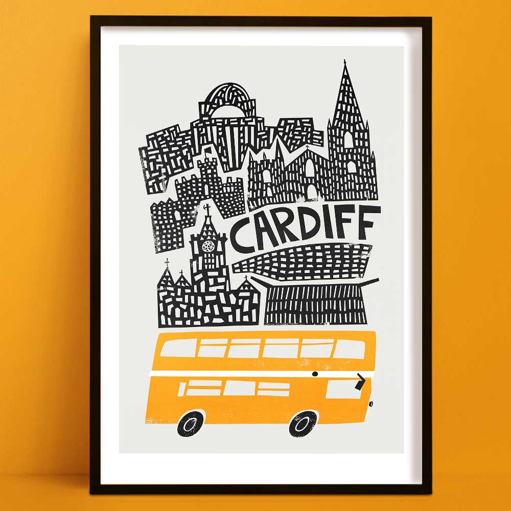 A striking black-and-white illustration of Cardiff’s iconic buildings, with a bright yellow double-decker bus beneath.
