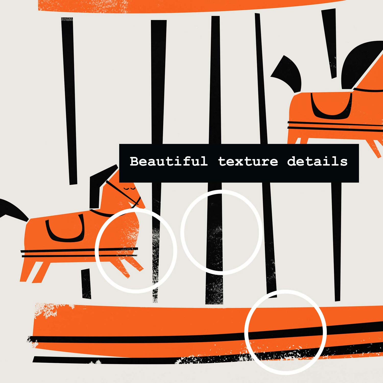 Close-up of carousel canopy and horses in a vintage-inspired orange and black colour palette