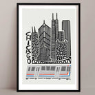 A bold black and white illustrated Chicago skyline art print, featuring iconic skyscrapers and a stylised elevated CTA train crossing in the foreground.