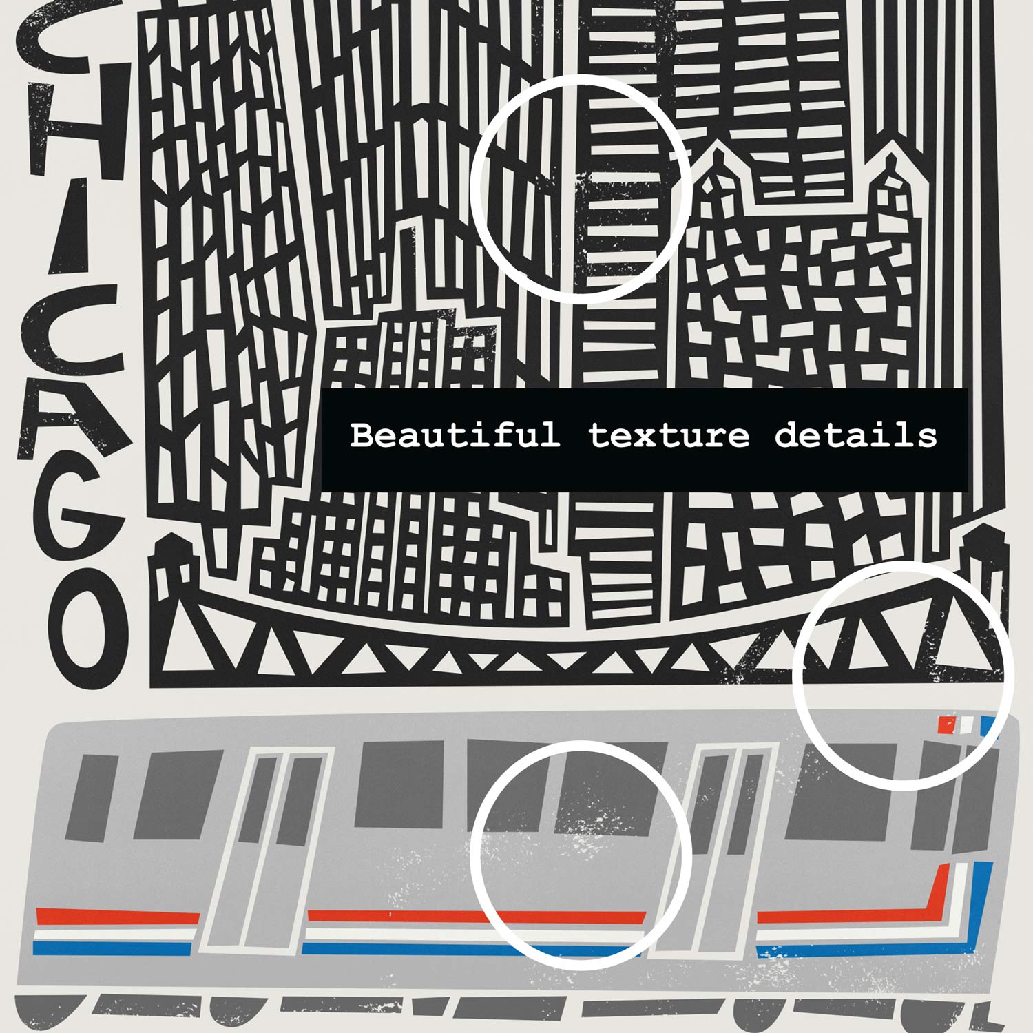 Close-up of the Chicago city print, showcasing hand-drawn architecture details and the geometric pattern of the elevated train track.