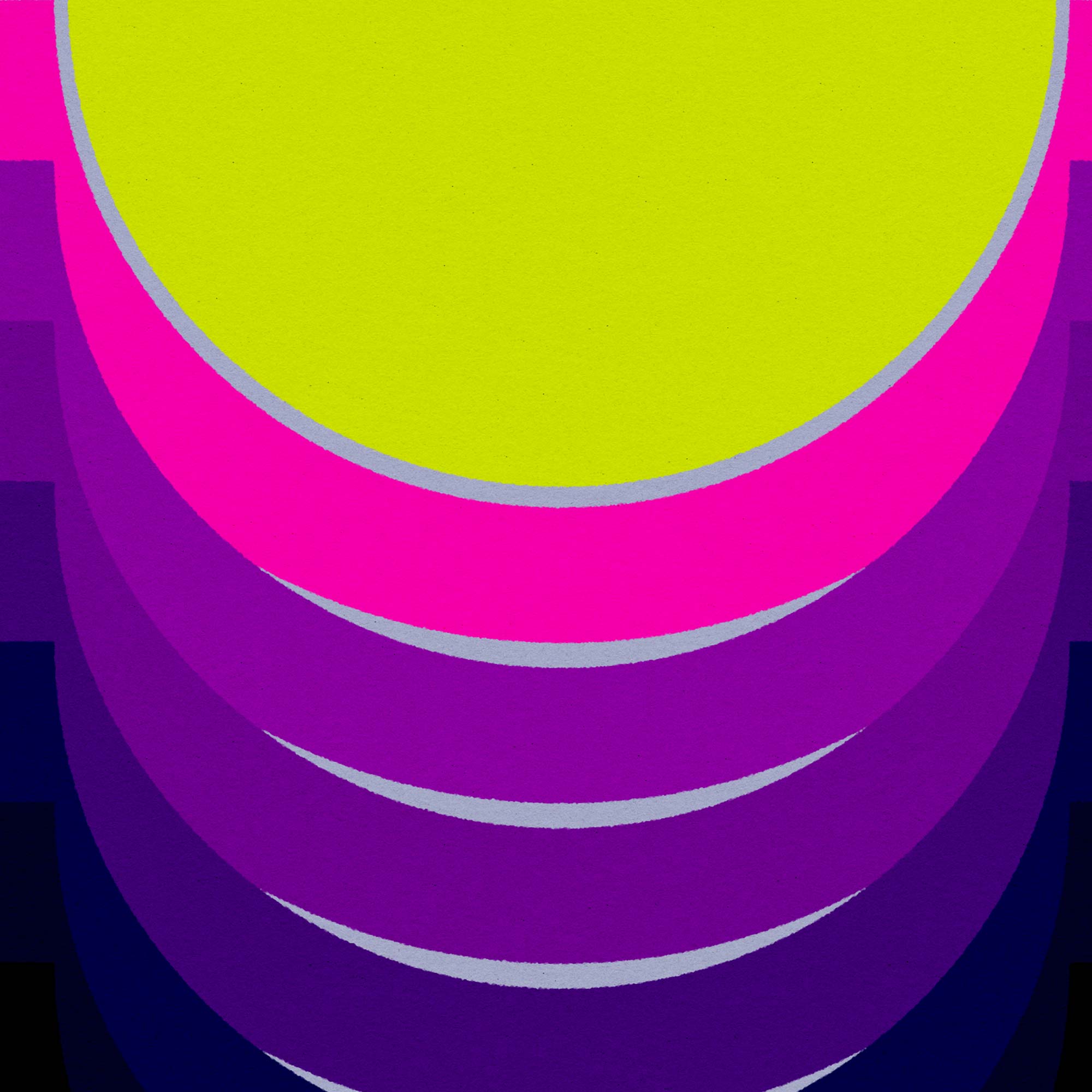 Stack of purple and pink cylindrical objects with a yellow circle on top