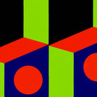 Abstract design with geometric shapes in red, green, and blue on a black background