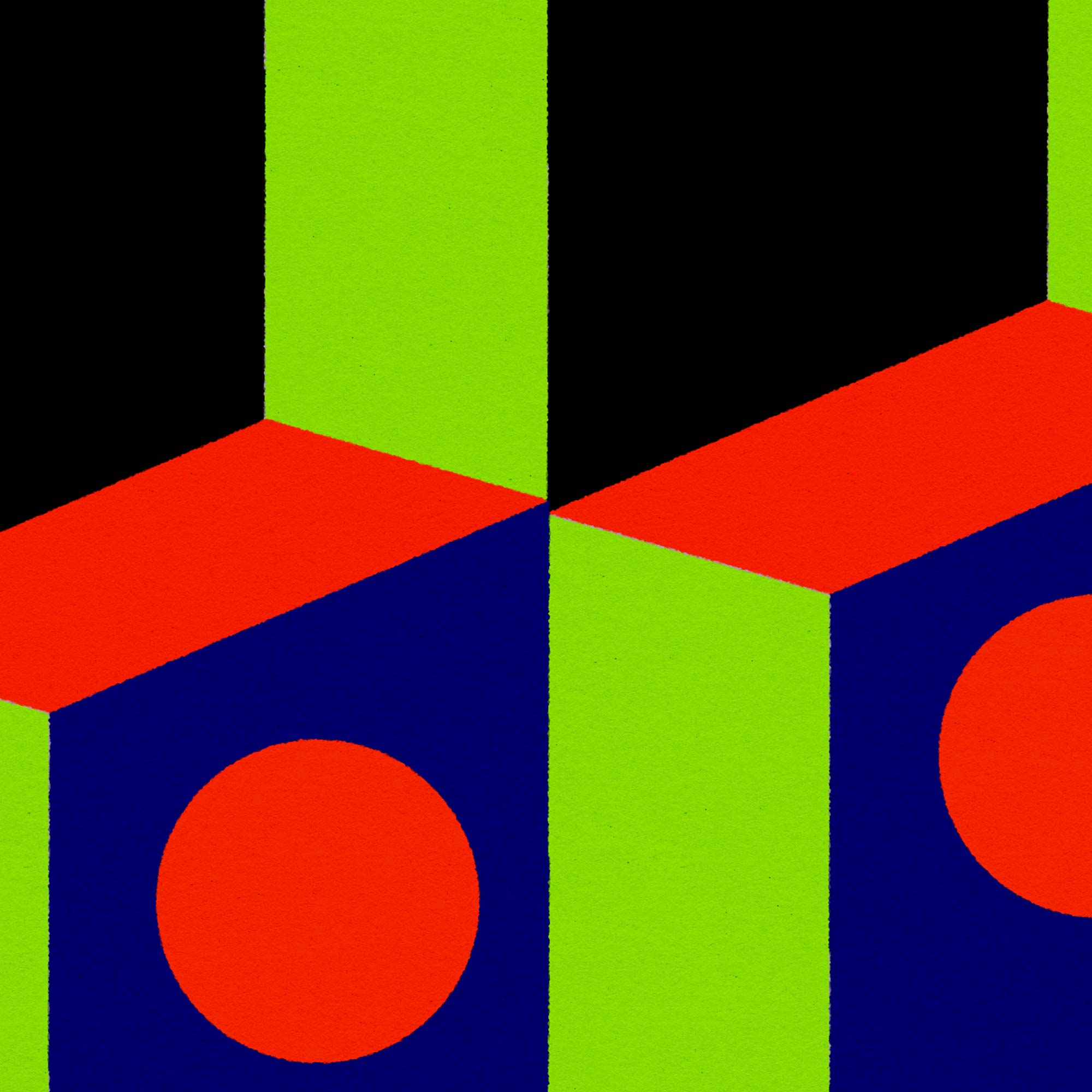 Abstract design with geometric shapes in red, green, and blue on a black background