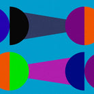 Geometric abstract design with colorful shapes on a blue background