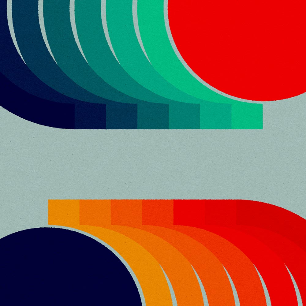 Abstract geometric art print featuring layered curved bands in navy, teal, green, red, orange, and yellow on a pale blue-gray background.
