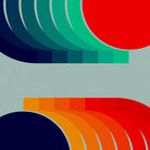 Abstract geometric art print featuring layered curved bands in navy, teal, green, red, orange, and yellow on a pale blue-gray background.