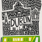 A stylized black-and-white cityscape illustration featuring the word DUBLIN across the center, with architectural silhouettes and a bright green and yellow tram along the bottom edge on a light background.