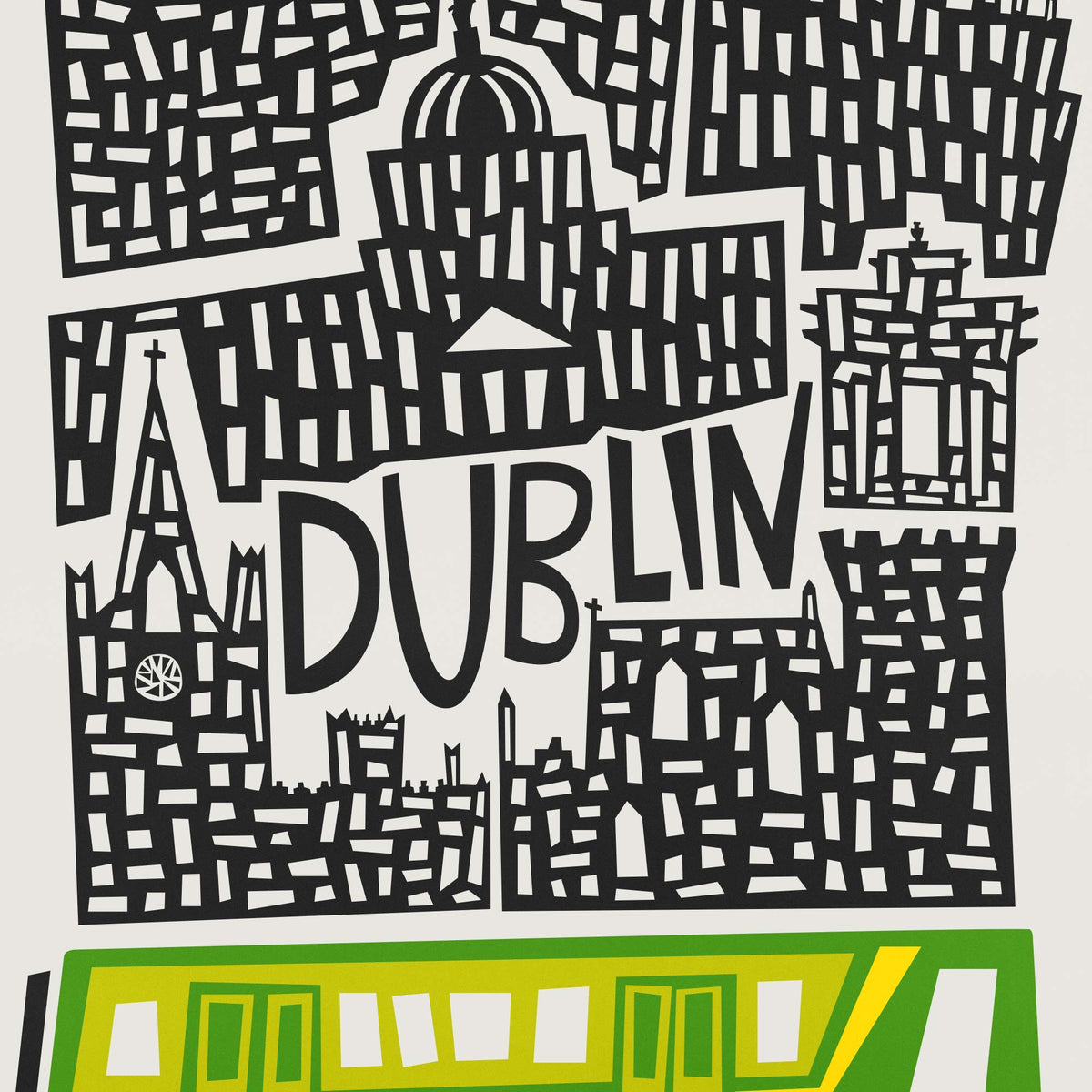 A stylized black-and-white cityscape illustration featuring the word DUBLIN across the center, with architectural silhouettes and a bright green and yellow tram along the bottom edge on a light background.
