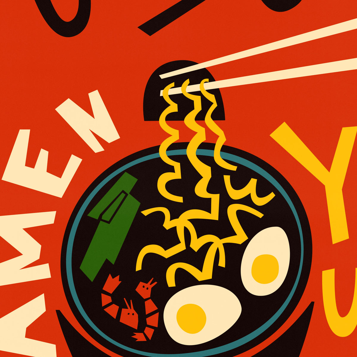 A stylized graphic illustration of ramen noodles in a bowl, with chopsticks lifting yellow noodles, plus large partial letters in cream and yellow on a bright red background.