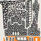 A stylized black-and-white Glasgow cityscape graphic with the word "GLASGOW" across the top, featuring buildings and a tram in a bold graphic design. The artwork fills most of the frame against a light neutral background.