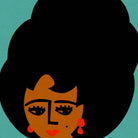 A stylized graphic illustration of a woman's face with a large black afro hairstyle, tan skin, black eyes, red earrings, and red lips on a teal background.