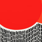 Abstract graphic design featuring a large solid red circle, a smaller orange-red shape in the upper right, and a black-and-white patterned band along the bottom with vertical black rectangles on a white background.