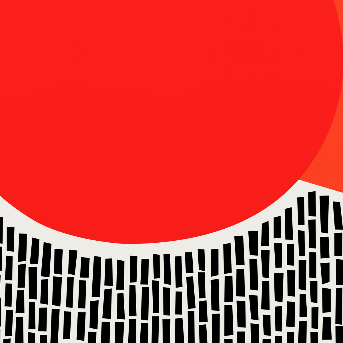 Abstract graphic design featuring a large solid red circle, a smaller orange-red shape in the upper right, and a black-and-white patterned band along the bottom with vertical black rectangles on a white background.