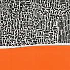 An abstract design 'City Sunset' featuring a dense black and white geometric mosaic pattern on the top half and a solid orange block on the bottom half, divided by a curved white line.