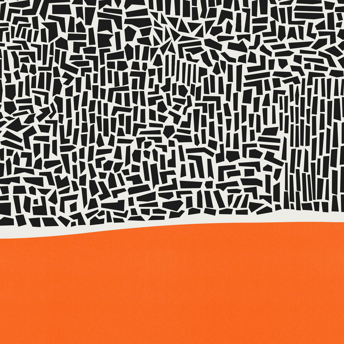An abstract design 'City Sunset' featuring a dense black and white geometric mosaic pattern on the top half and a solid orange block on the bottom half, divided by a curved white line.