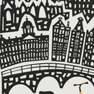 Black and white graphic illustration of a city skyline with stylized buildings, a bridge, and a small orange-and-black figure near the bottom right.