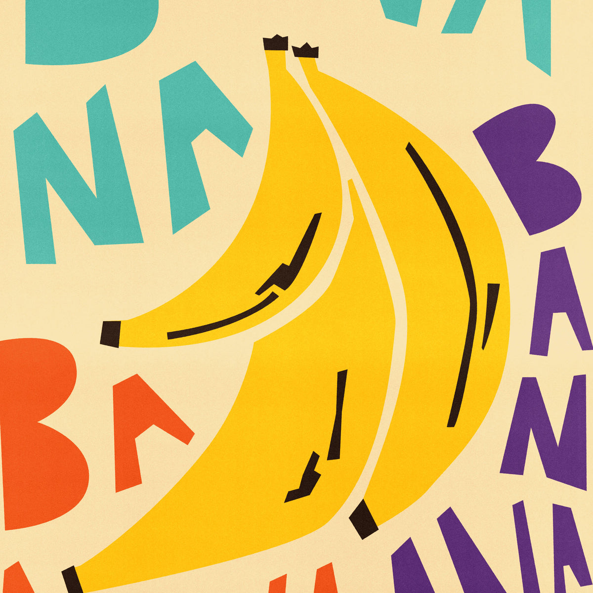 A colorful graphic print featuring a large yellow banana illustration on a cream background, surrounded by bold stylized letters in teal, purple, orange, and black.