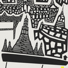 Black and white graphic art print featuring stylized silhouettes of pagoda-like towers and geometric architectural forms on a light background.
