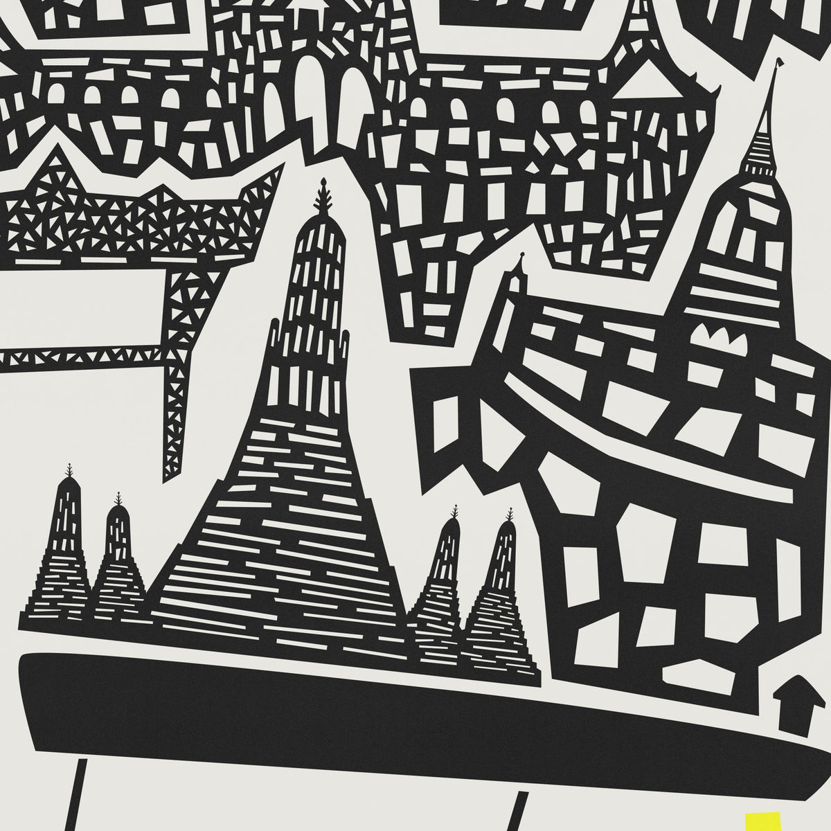 Black and white graphic art print featuring stylized silhouettes of pagoda-like towers and geometric architectural forms on a light background.