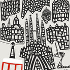 A graphic art print featuring stylized black silhouettes of Barcelona landmarks, including Sagrada Familia and Park Güell, arranged in a collage pattern on a light gray background with a small red and white shape in the bottom left corner.