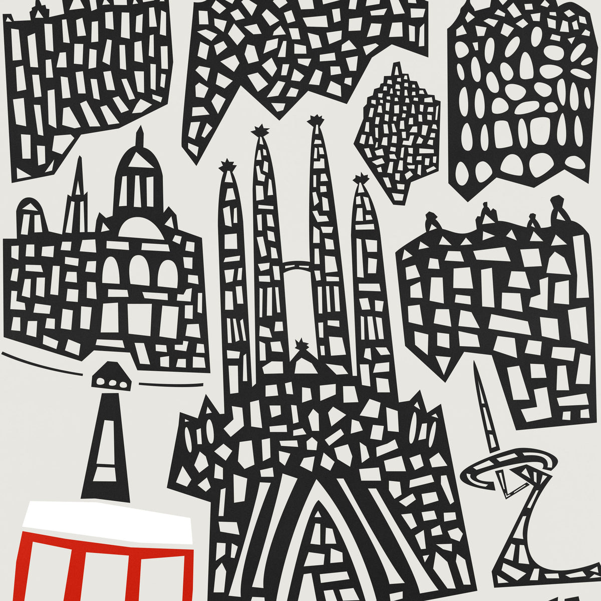 A graphic art print featuring stylized black silhouettes of Barcelona landmarks, including Sagrada Familia and Park Güell, arranged in a collage pattern on a light gray background with a small red and white shape in the bottom left corner.