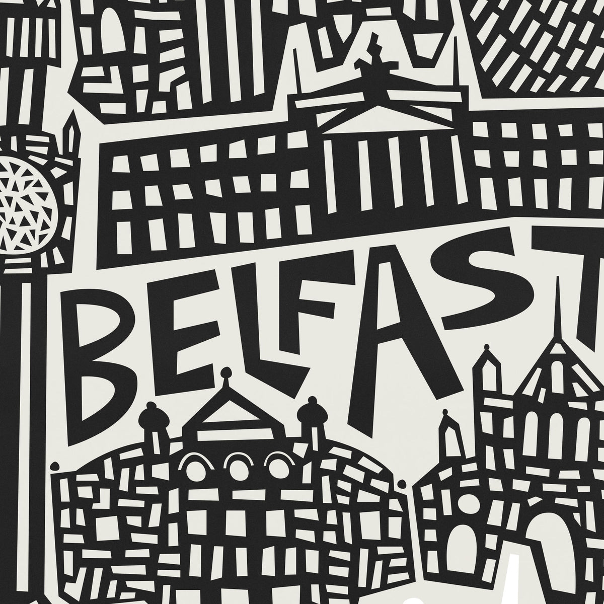 Black and white graphic print featuring stylized cityscape illustrations and the word 'BELFAST' in bold lettering.