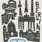 A graphic art print featuring stylized black silhouettes of Berlin landmarks, including the Brandenburg Gate, Berlin Tower, and the Berlin Cathedral, with the word 'BERLIN' written vertically on the right, set against a light off-white background.