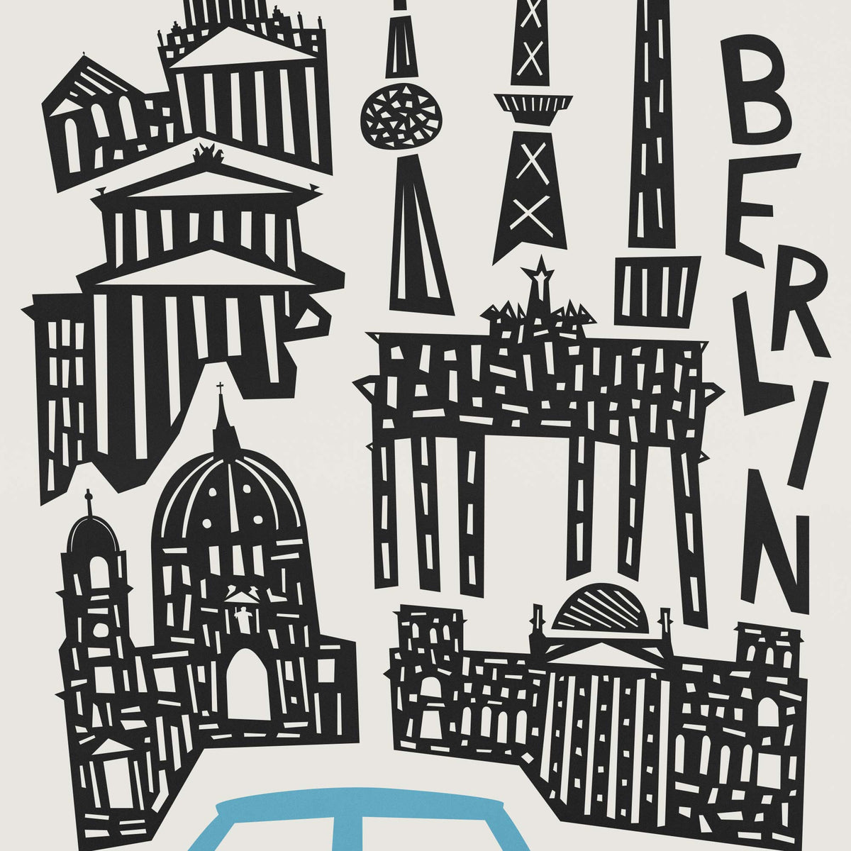 A graphic art print featuring stylized black silhouettes of Berlin landmarks, including the Brandenburg Gate, Berlin Tower, and the Berlin Cathedral, with the word 'BERLIN' written vertically on the right, set against a light off-white background.