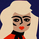 A stylized graphic illustration of a woman's face with bold black lines, a beige skin tone, cream hair, red lips, and a red top against a dark navy background.