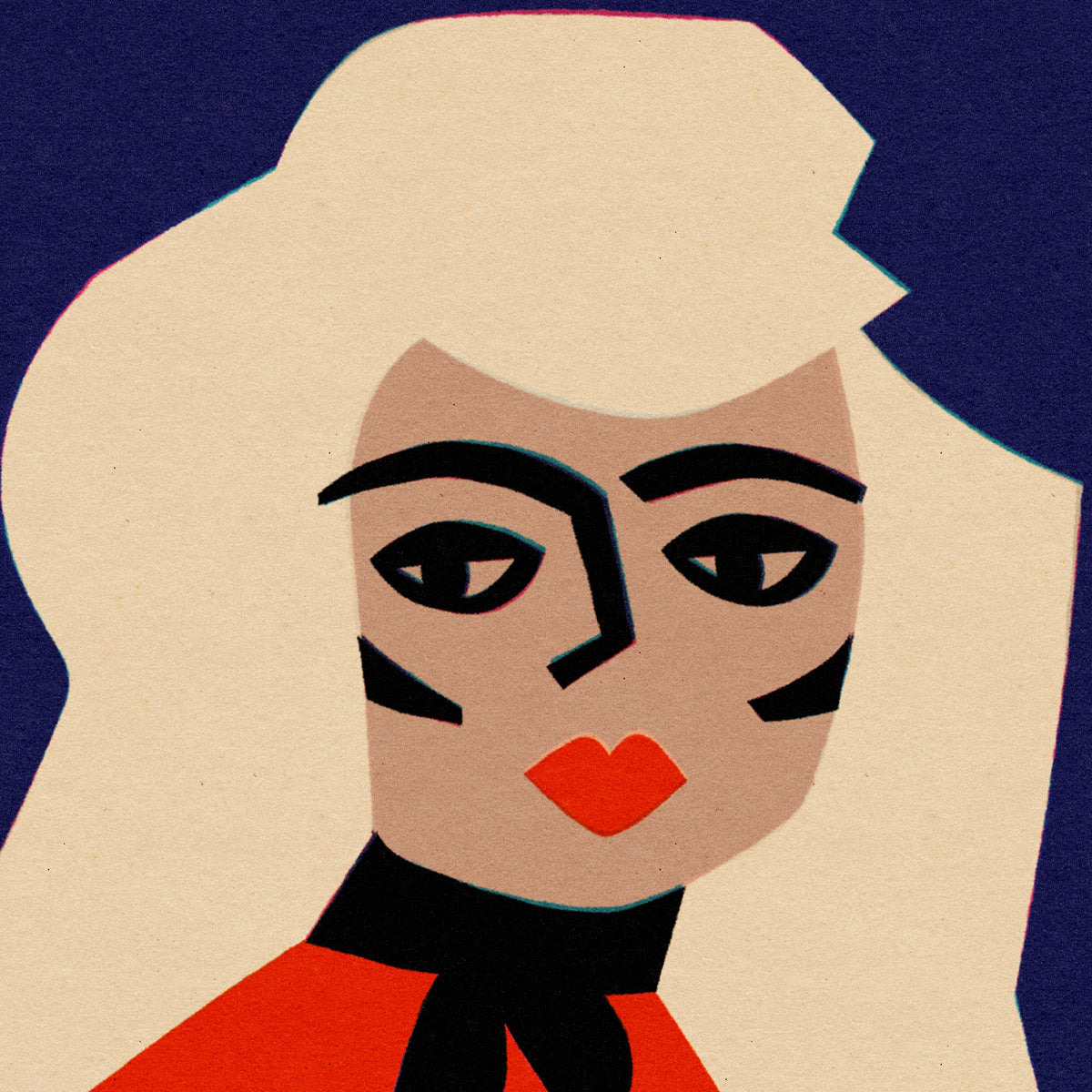 A stylized graphic illustration of a woman's face with bold black lines, a beige skin tone, cream hair, red lips, and a red top against a dark navy background.