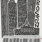 A black and white graphic art print depicting a stylized Boston skyline with city buildings and the word 'BOSTON' written vertically, with a gray subway train illustrated at the bottom.