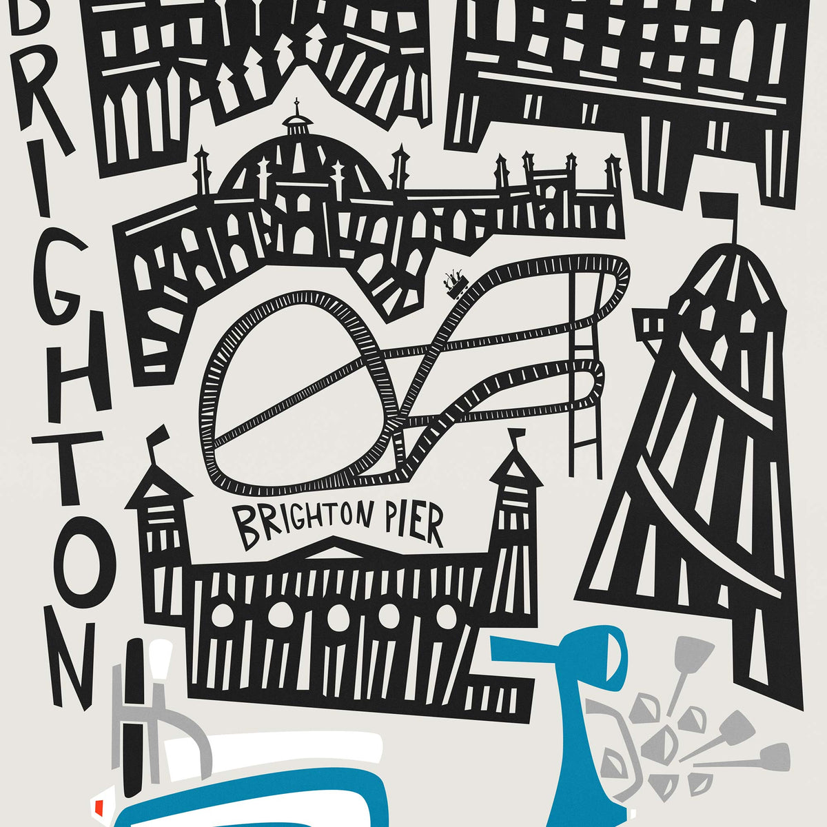 A framed art print featuring a stylized black and white illustration of Brighton landmarks with a bright blue scooter, hanging on a light beige wall above green cabinets.