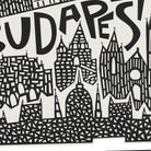 Black and white graphic art print featuring a stylized cityscape of Budapest with the word 'BUDAPEST' in large bold letters across the top, rendered in a cutout paper-cut style with geometric patterns.