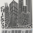 A black and white graphic art print depicting the Chicago skyline with stylized skyscrapers and the word 'CHICAGO' written vertically on the left, with a gray train illustration at the bottom.