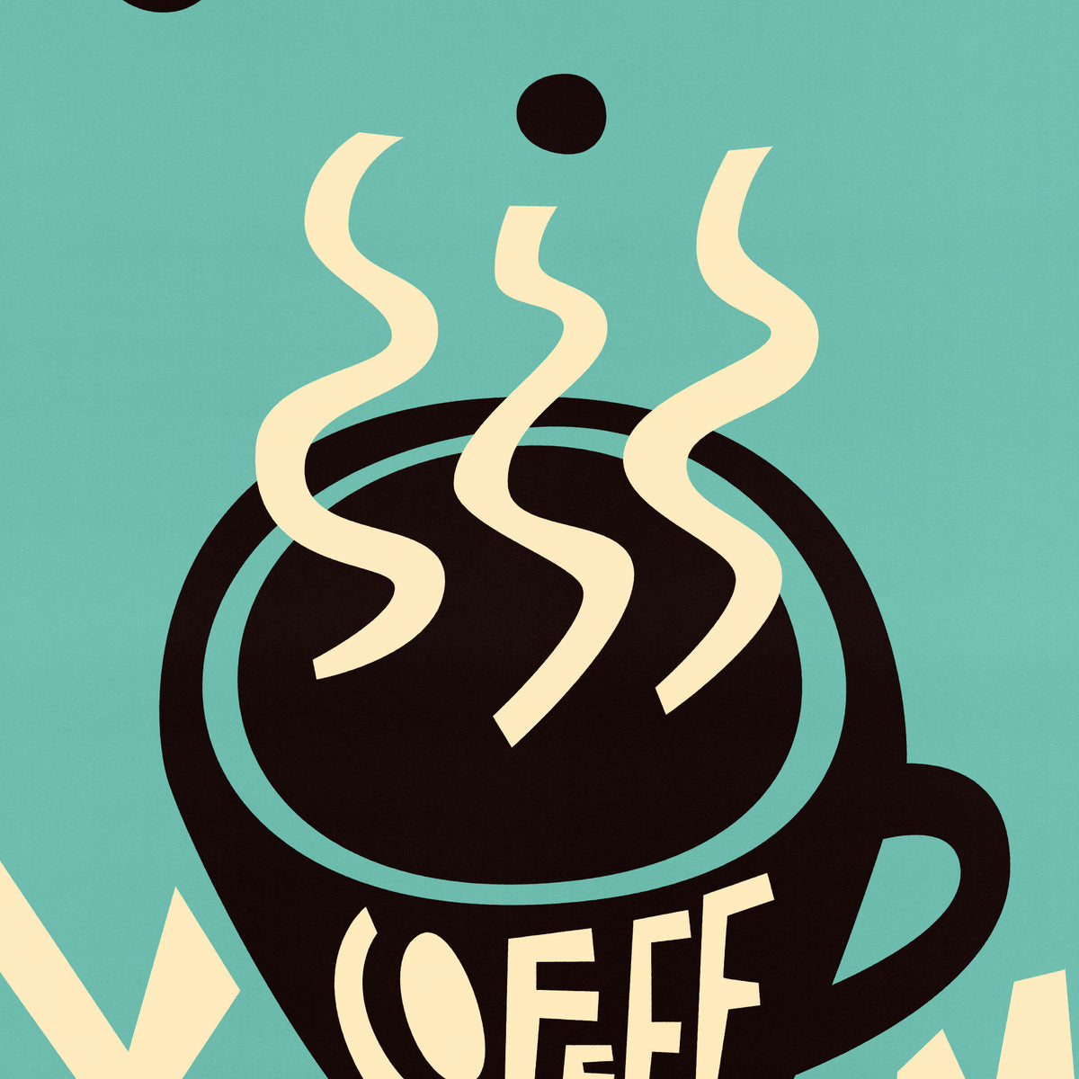 A stylized graphic illustration of a black coffee cup with cream-colored steam rising from it, set against a teal background with the word 'COFFEE' partially visible in cream at the bottom.