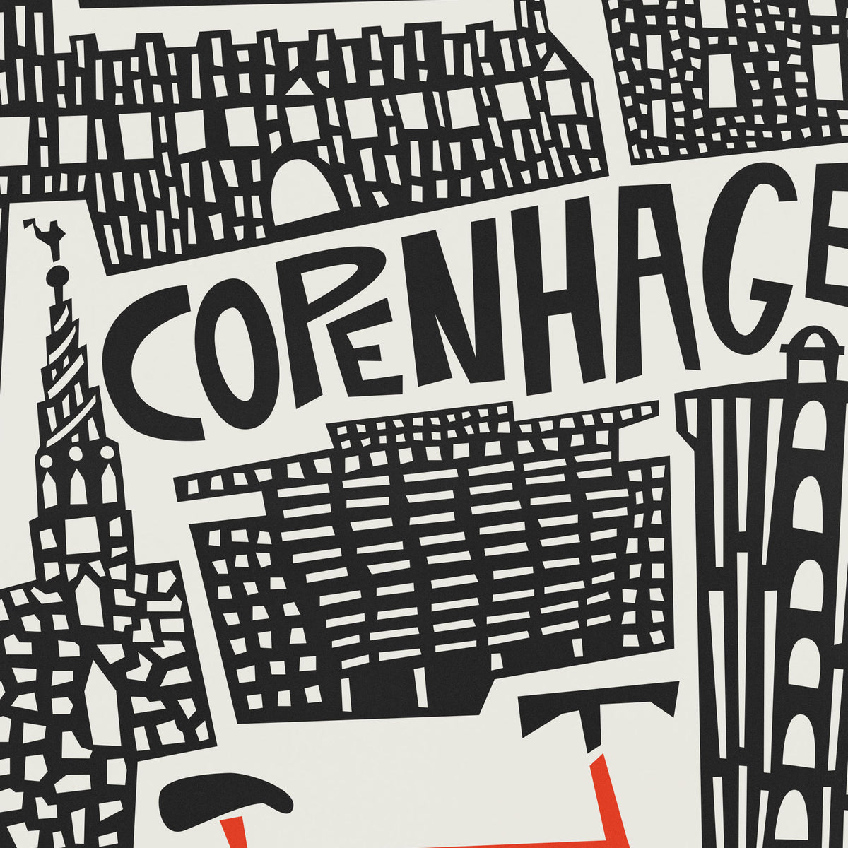 A black and white graphic illustration featuring stylized city buildings and the word 'COPENHAGEN' in large bold letters, with a small red accent near the bottom.