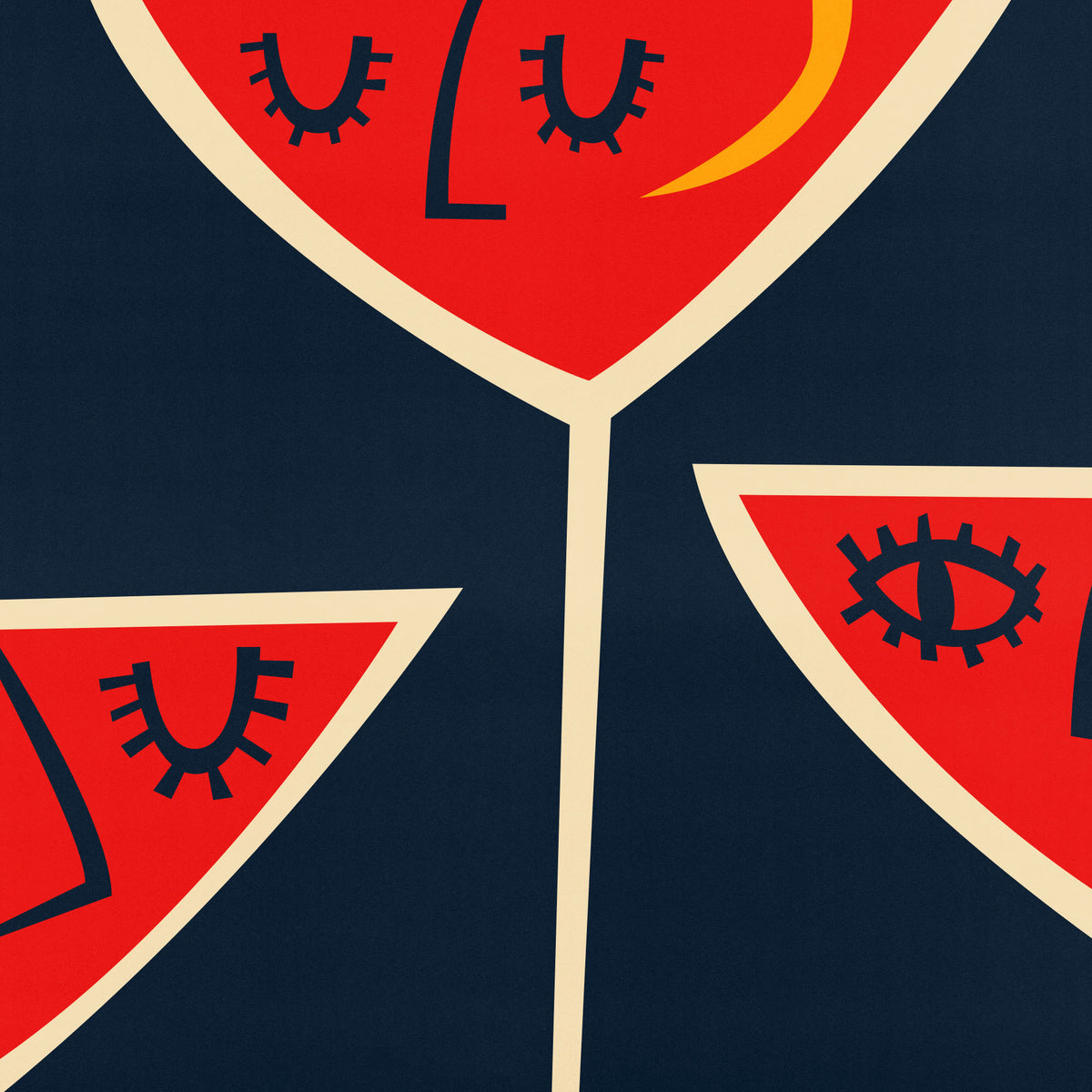 A close-up of a repeating graphic pattern featuring stylized red martini glass slices with cream outlines and dark navy eyes and eyelashes on a dark navy background.