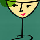 A stylized graphic illustration of a woman's face inside a martini glass silhouette, with a teal background and bold black outlines.