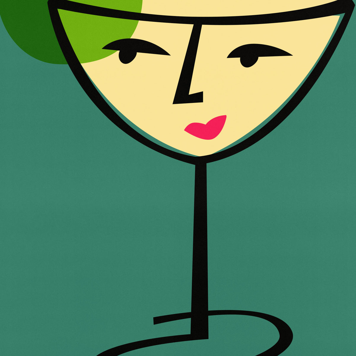 A stylized graphic illustration of a woman's face inside a martini glass silhouette, with a teal background and bold black outlines.