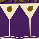 A stylized graphic artwork featuring two martini glasses with olive-green olives on a deep purple background, with partial bold lettering at the top.
