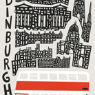 A stylized black-and-white Edinburgh cityscape graphic with buildings and a red double-decker bus on a light gray background.