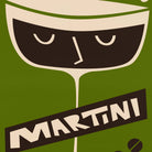 A stylized graphic print featuring a dark brown martini glass with a minimalist face on an olive green background, with the word 'MARTINI' in large cream letters across the lower portion.