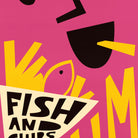 A bold graphic art print featuring a stylized pink background with yellow and black abstract shapes, including a fish silhouette and the text 'FISH AND CUPS' on a cream-colored banner.
