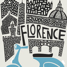 A stylized graphic illustration of Florence featuring black architectural silhouettes, the word 'FLORENCE' in large black letters, and a light blue bicycle on a pale gray background.
