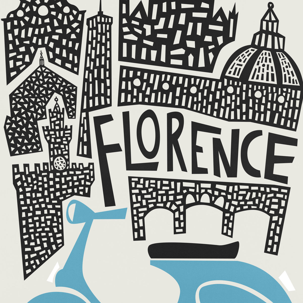 A stylized graphic illustration of Florence featuring black architectural silhouettes, the word 'FLORENCE' in large black letters, and a light blue bicycle on a pale gray background.