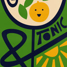 A close-up of a graphic design featuring a yellow lemon with a smiling face, green leaves, dark navy blue text reading 'TONIC', and abstract curved lines on a green background.