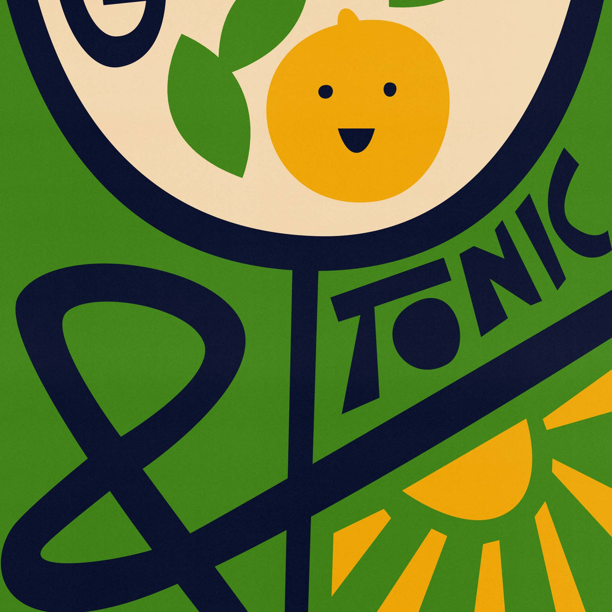 A close-up of a graphic design featuring a yellow lemon with a smiling face, green leaves, dark navy blue text reading 'TONIC', and abstract curved lines on a green background.