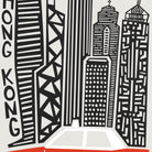 A stylized black, white, and gray cityscape graphic featuring tall skyscrapers, with the word “HONGKONG” running vertically along the left side and a red band at the bottom.