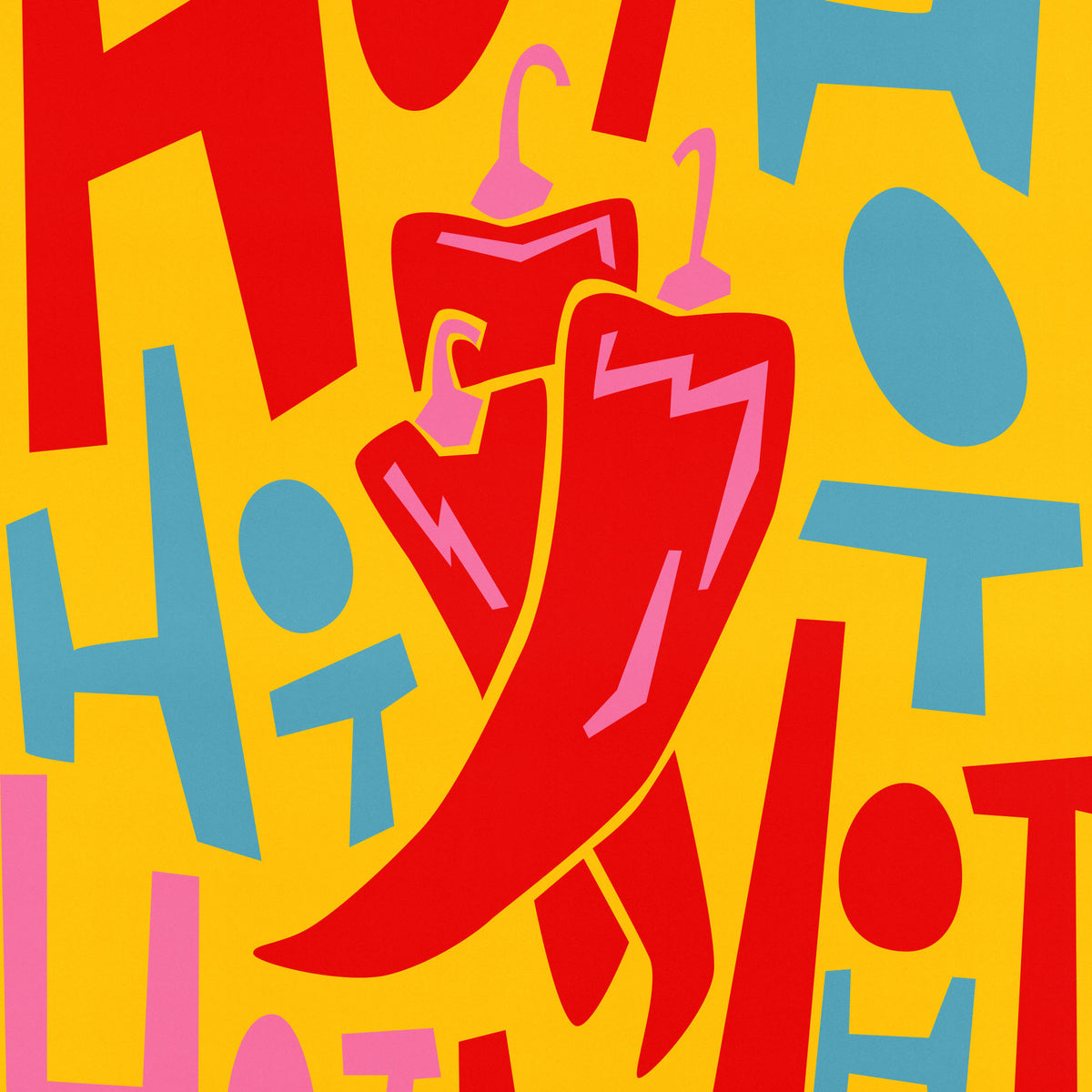 A vibrant graphic design featuring two red chili peppers with pink details on a bright yellow background, overlaid with abstract red and blue letters spelling out 'HOT' in a bold, playful style.