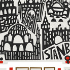 A close-up of a black and white architectural cityscape illustration with stylized domes, spires, and the word “ISTANBUL” in large letters, plus a small red circular accent near the lower right.